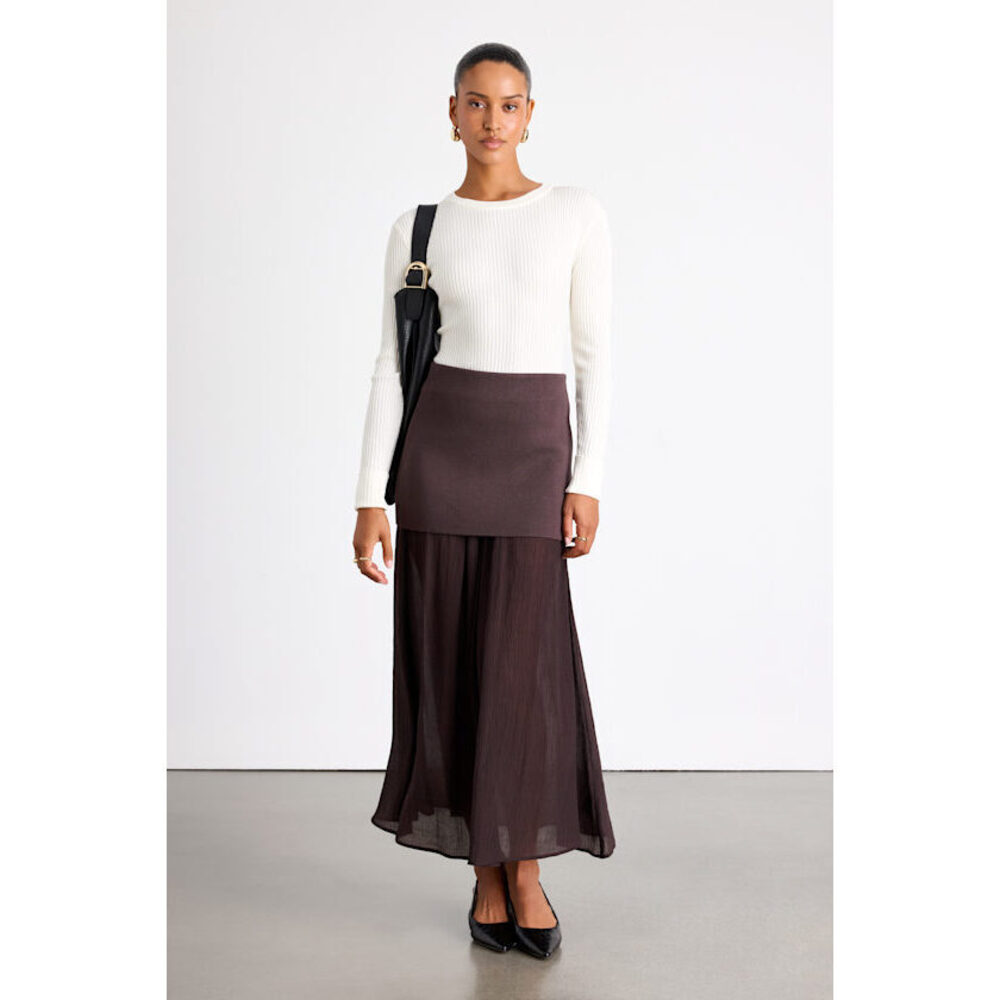 Lulus Taylee Brown Mixed Media Sheer Hem Maxi Skirt - Size M